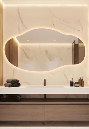 Asymmetrical Light Up Mirror - Frameless Irregular Vanity Wavy Mirror with Light for Bathroom Bedroom