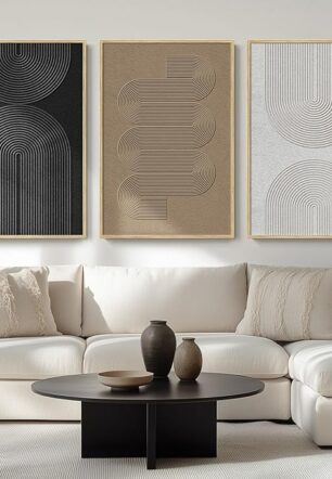 Large Framed Black and White Neutral Abstract Wall Art for Living Room, 3 Piece Boho Canvas Prints Paintings Artwork for Walls