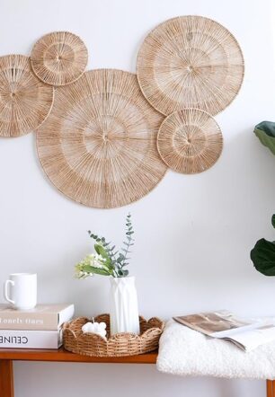 CHI AN 18 Inch Boho Wall Decor – Set of 5 Woven Jute Wall Baskets, Boho Wall Art & Decorative Basket Set