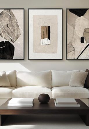 Large Framed Neutral Abstract Wall Art for Living Room, 3 Piece Modern Canvas Prints Paintings Artwork for Walls