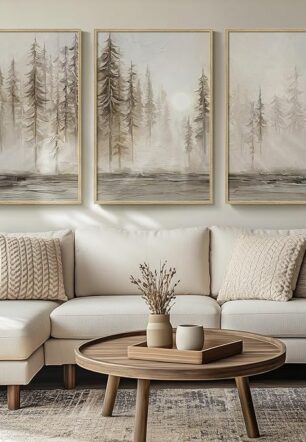 Framed Netural Wall Art for Living Room, Large 3 Piece Abstract Pastel Grunge Forest Landscape Tree Canvas Artwork Set