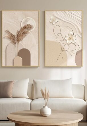 Large Framed Neutral Abstract Wall Art for Living Room, 2 Piece Tan and Cream Beige Canvas Prints Paintings Artwork for Walls