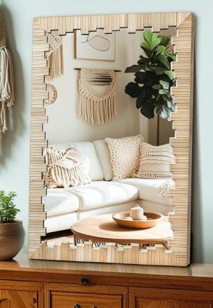 Boho Wall Mirror with Wood Frame, 36"x24" Faux Rattan Decorative Vanity Mirror for Bathroom