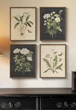 Framed Botanical Wall Art, Set of 4 Piece Rustic Floral Canvas Paintings Prints ArtWork for Walls