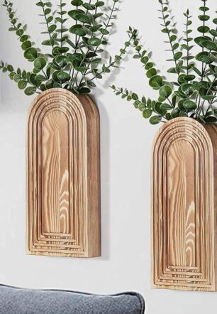 2 Pack Wooden Wall Vase Set - Brown Finish Modern Farmhouse & Boho Wall Decor for Entryway, Hallway