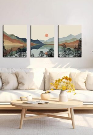AKWISH Framed Mountain Canvas Wall Art Set of 3, Boho Watercolor Poster Prints Painting